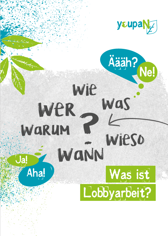 Cover des Readers "Was ist Lobbyarbeit?": In der Mitte stehen die Schlagworte "Wie, was, wer, warum, wann, wieso". Links und rechts in den Ecken sind Sprechblasen mit "Ja! Aha!" und "Ääh? Ne" zu sehen. Oben rechts ist das Logo des youpaN angebracht.