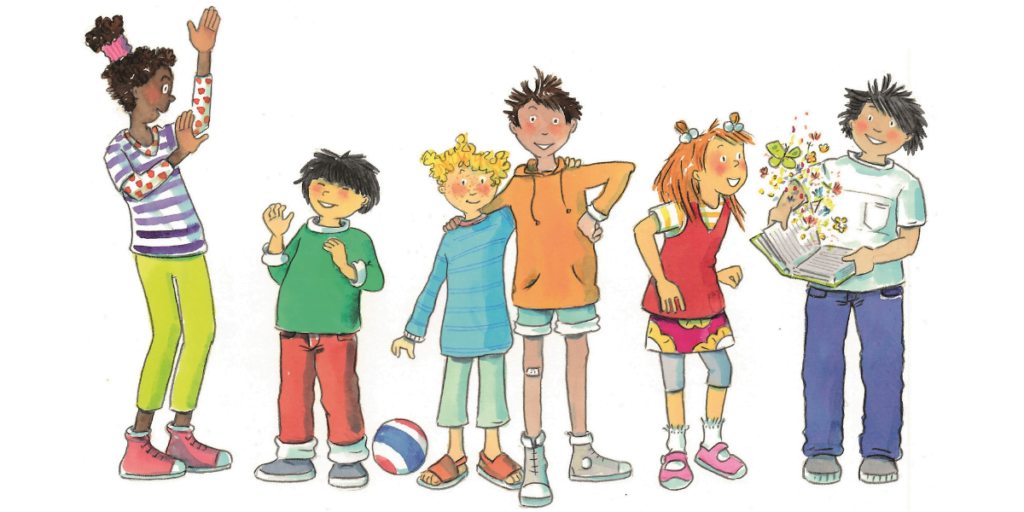 Sechs verschiedene Kinder stehen in Zweiergrüppchen nebeneinander, gebärden, halten sich im Arm und schauen gemeinsam in ein Buch, aus dem Schmetterling herausflattern