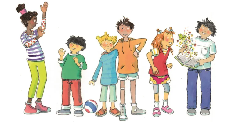 Sechs verschiedene Kinder stehen in Zweiergrüppchen nebeneinander, gebärden, halten sich im Arm und schauen gemeinsam in ein Buch, aus dem Schmetterling herausflattern