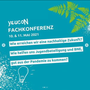 Ankündigung youcoN_Fachkonferenz Mai 2021, weiße Schrift auf türkiosem Hintergrund mit grüner Palme