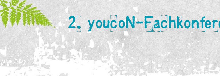 Ankündigung zweite youcoN-Fachkonferenz, Datum auf grauen Untergrund mit Palmen