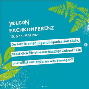 Ankündigung youcoN_Fachkonferenz Mai 2021, weiße Schrift auf türkiosem Hintergrund mit grüner Palme